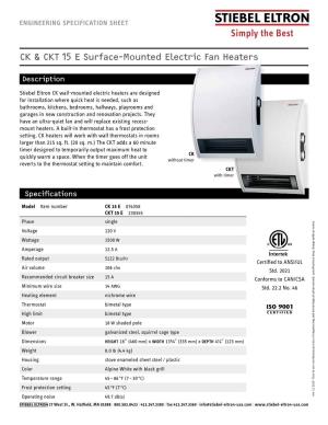 CK & CKT 15 E Surface-Mounted Electric Fan Heaters | Engineering Specification Sheet