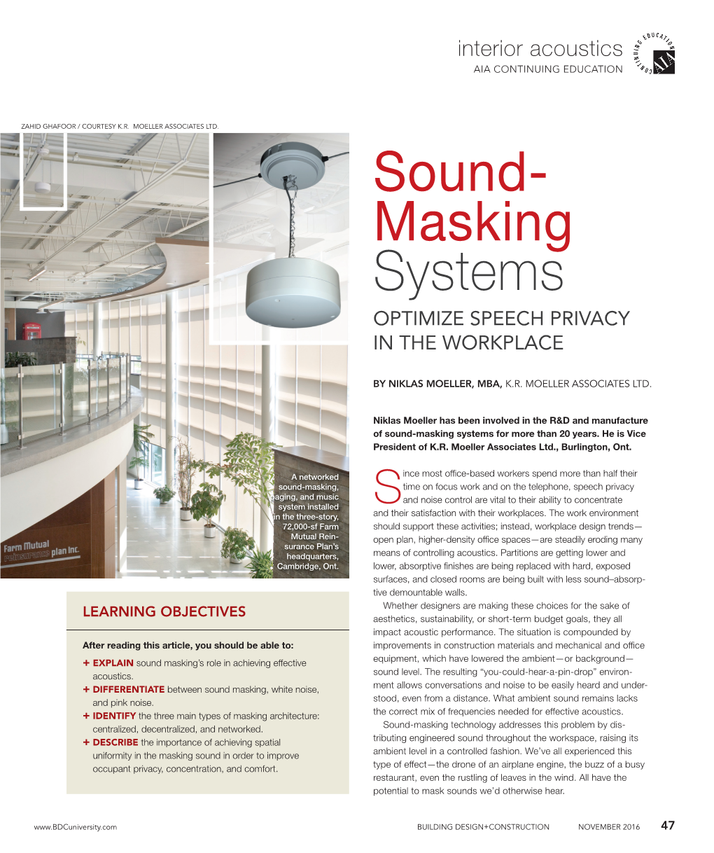 Sound- Masking Systems OPTIMIZE SPEECH PRIVACY in the WORKPLACE