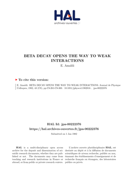 Beta Decay Opens the Way to Weak Interactions E