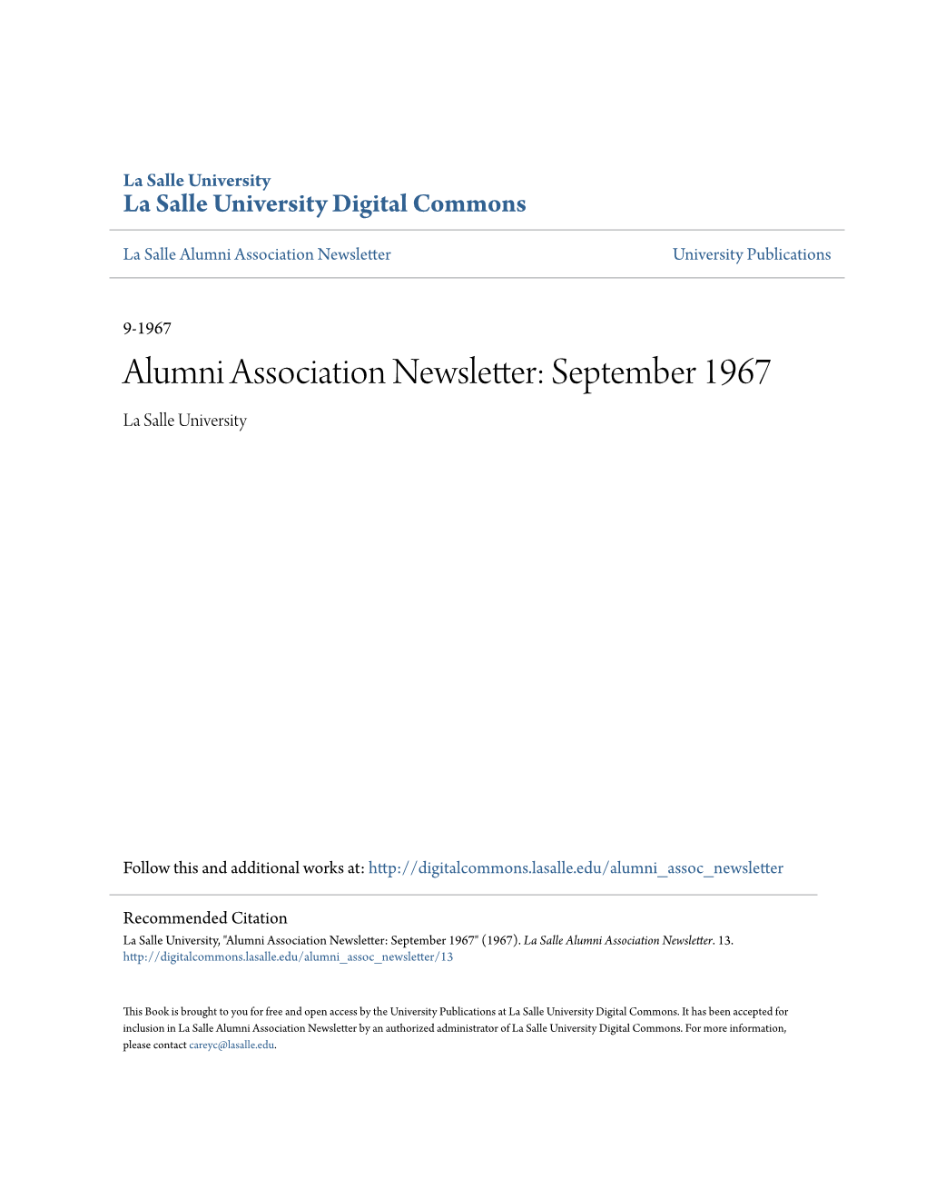 Alumni Association Newsletter: September 1967 La Salle University