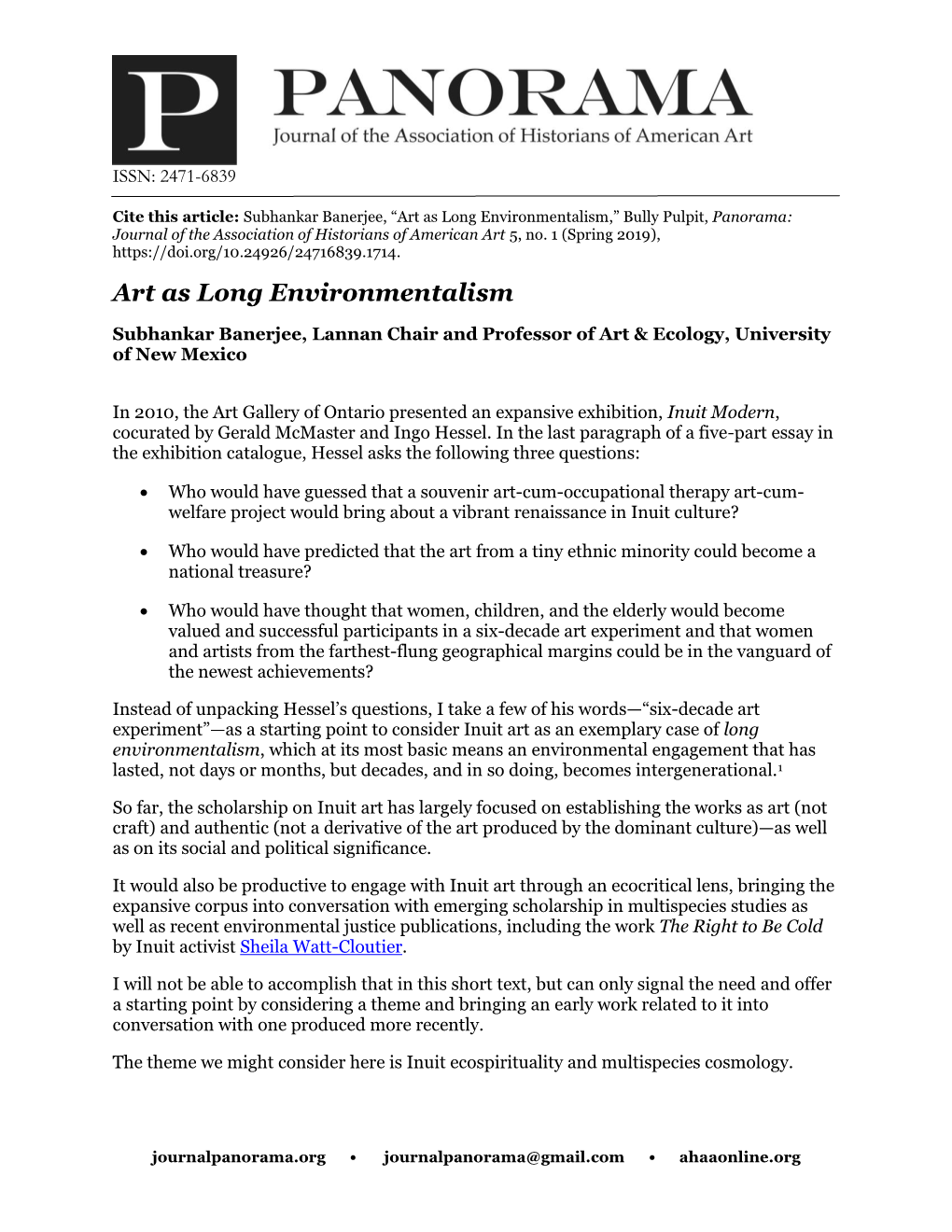 Banerjee, Art As Long Environmentalism