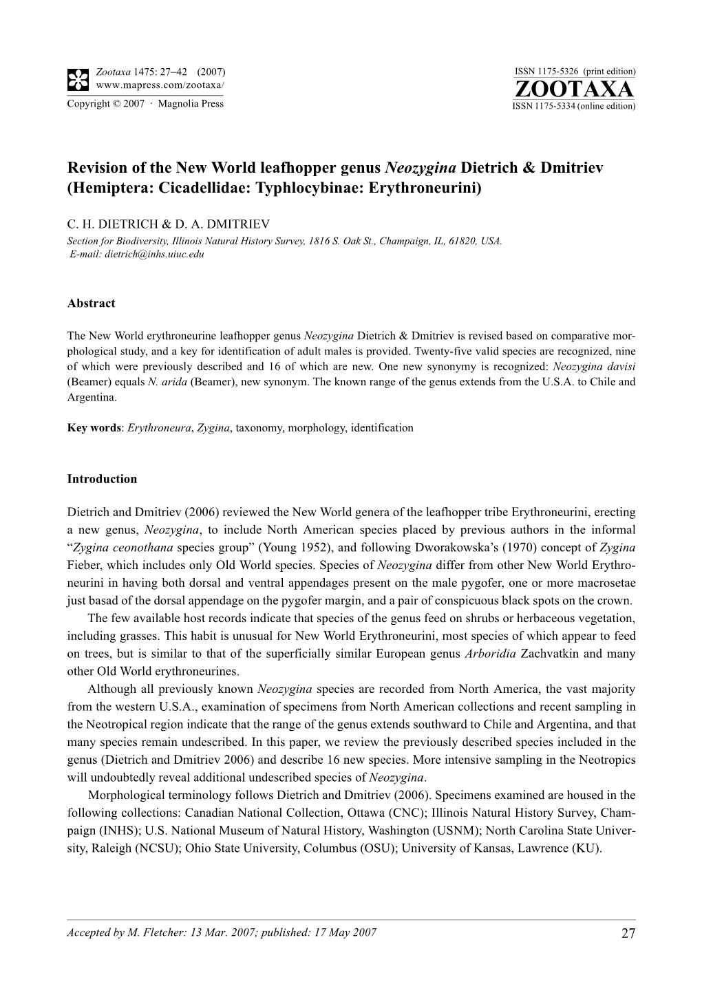 Zootaxa,Revision of the New World Leafhopper Genus Neozygina