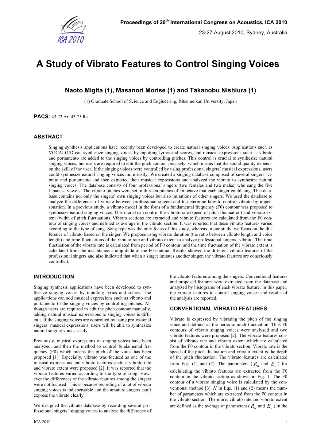 A Study of Vibrato Features to Control Singing Voices