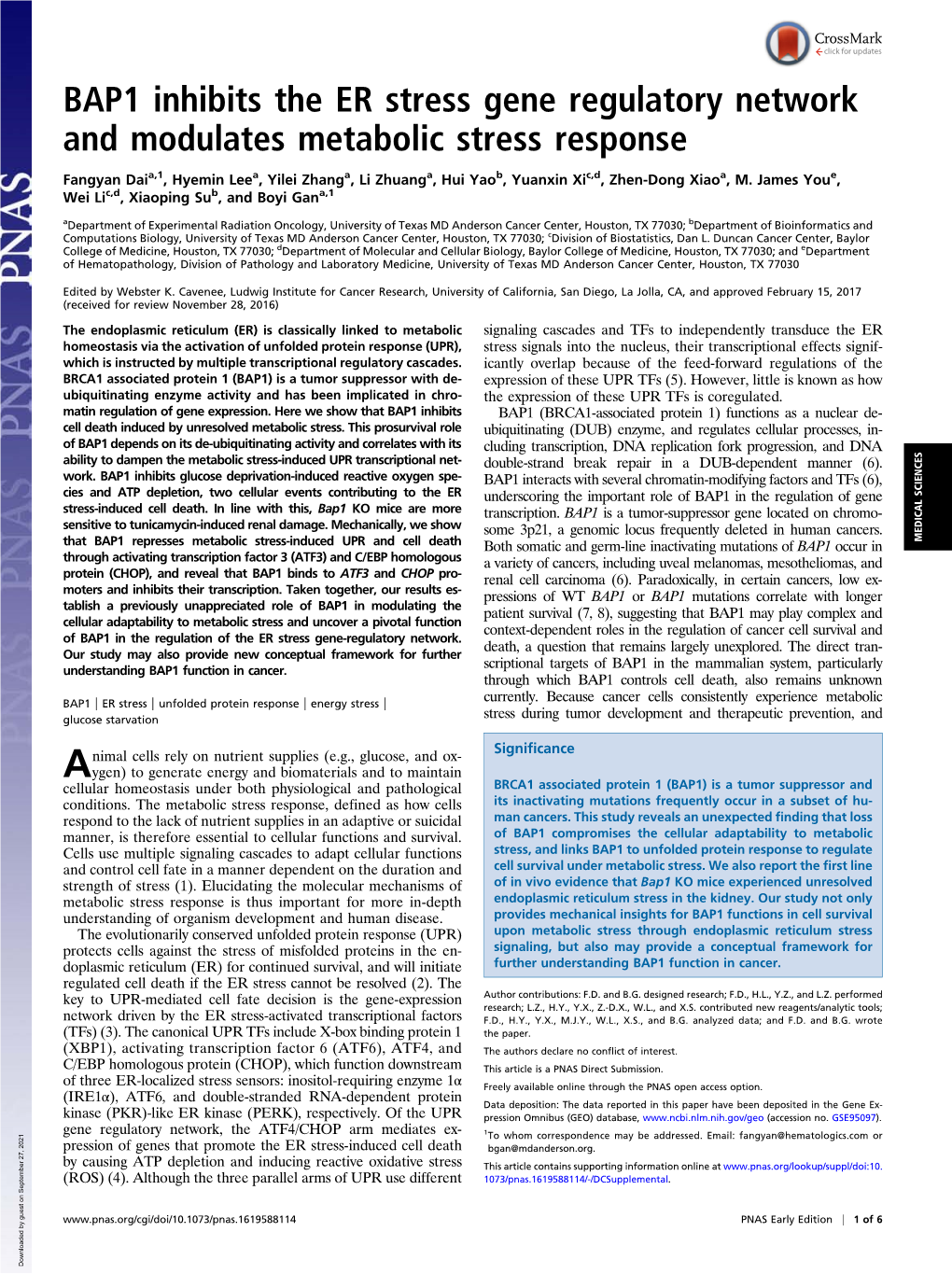 BAP1 Inhibits the ER Stress Gene Regulatory Network and Modulates Metabolic Stress Response