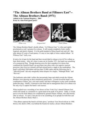 The Allman Brothers Band at Fillmore East”-- the Allman Brothers Band (1971) Added to the National Registry: 2004 Essay by Alan Paul (Guest Post)*