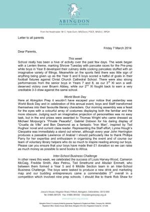 Letter to All Parents Friday 7 March 2014 Dear