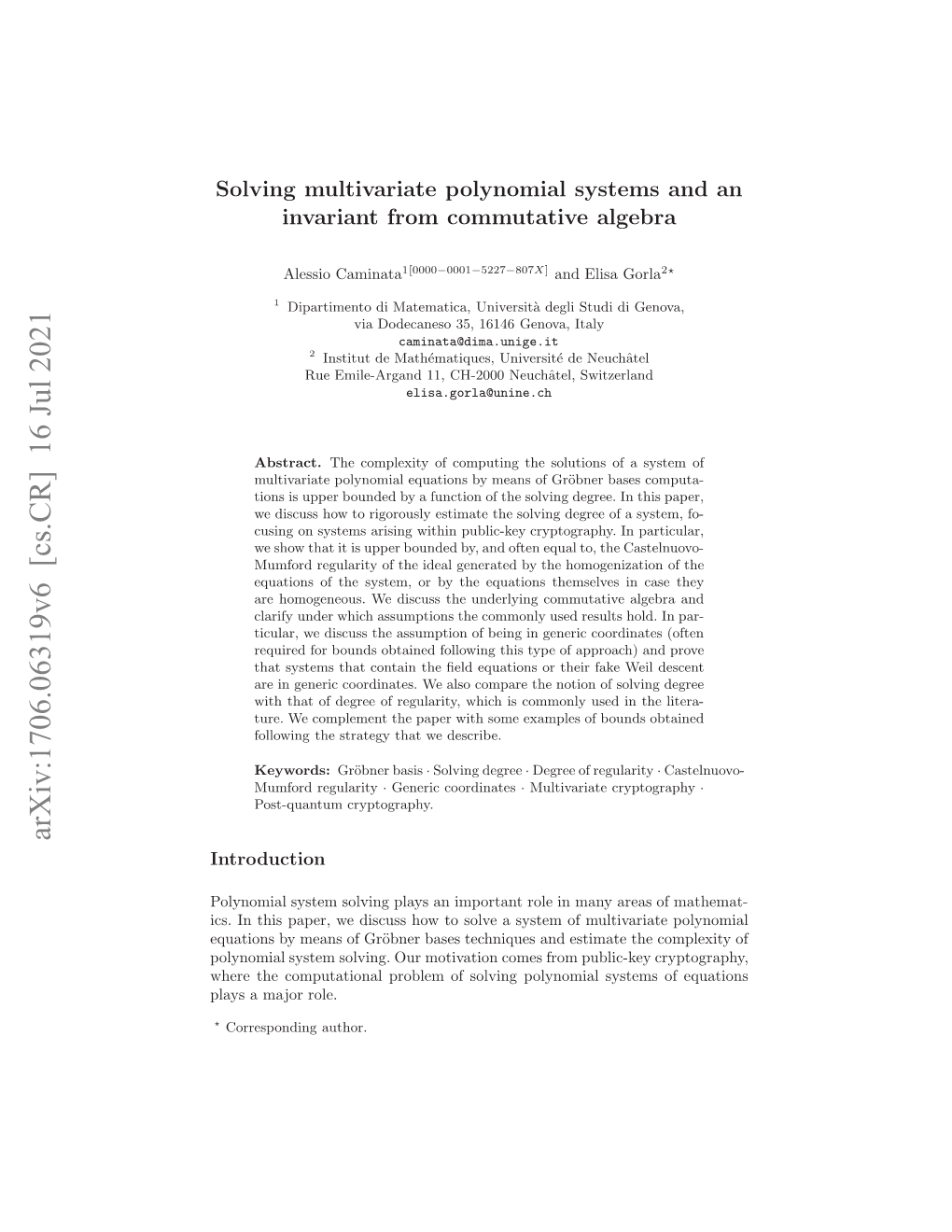 Arxiv:1706.06319V6 [Cs.CR] 16 Jul 2021 Hr H Opttoa Rbe Fsligplnma Ytm Fe of Systems Polynomial Role