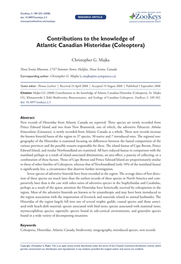 Contributions to the Knowledge of Atlantic Canadian Histeridae (Coleoptera)