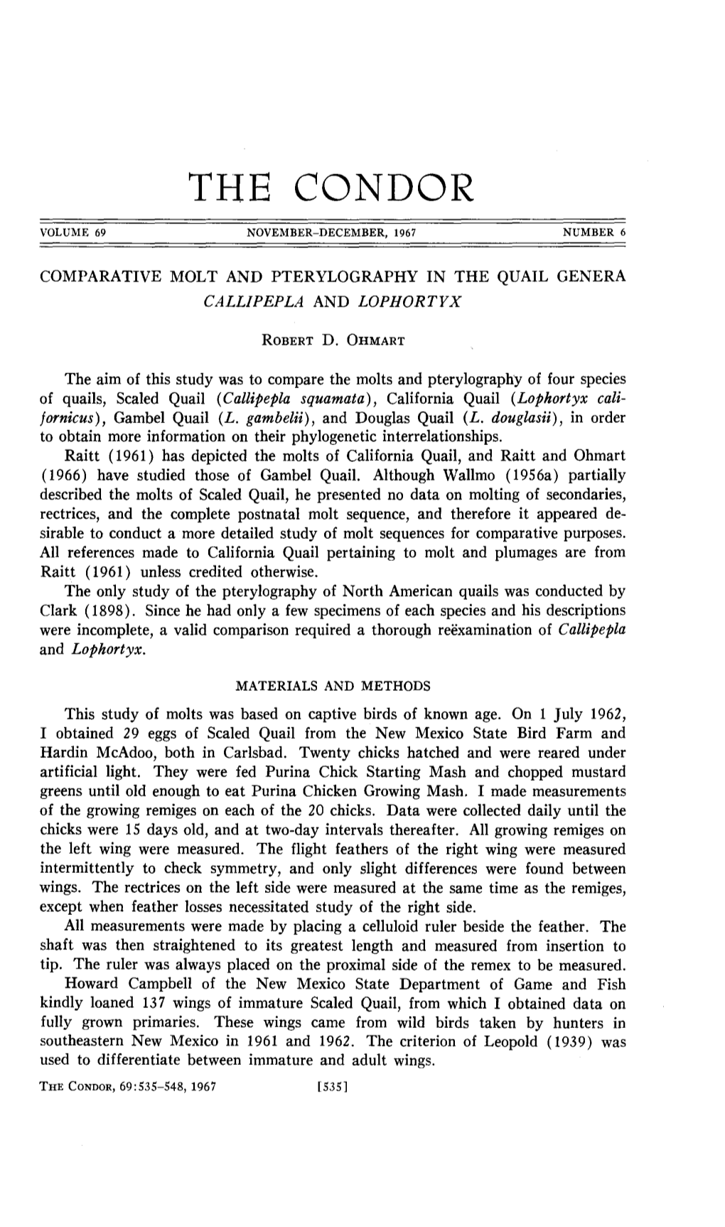 Comparative Molt and Pterylography in the Quail Genera Callipepla And