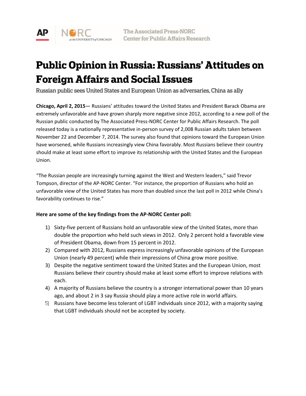 Public Opinion in Russia: Russians' Attitudes on Foreign