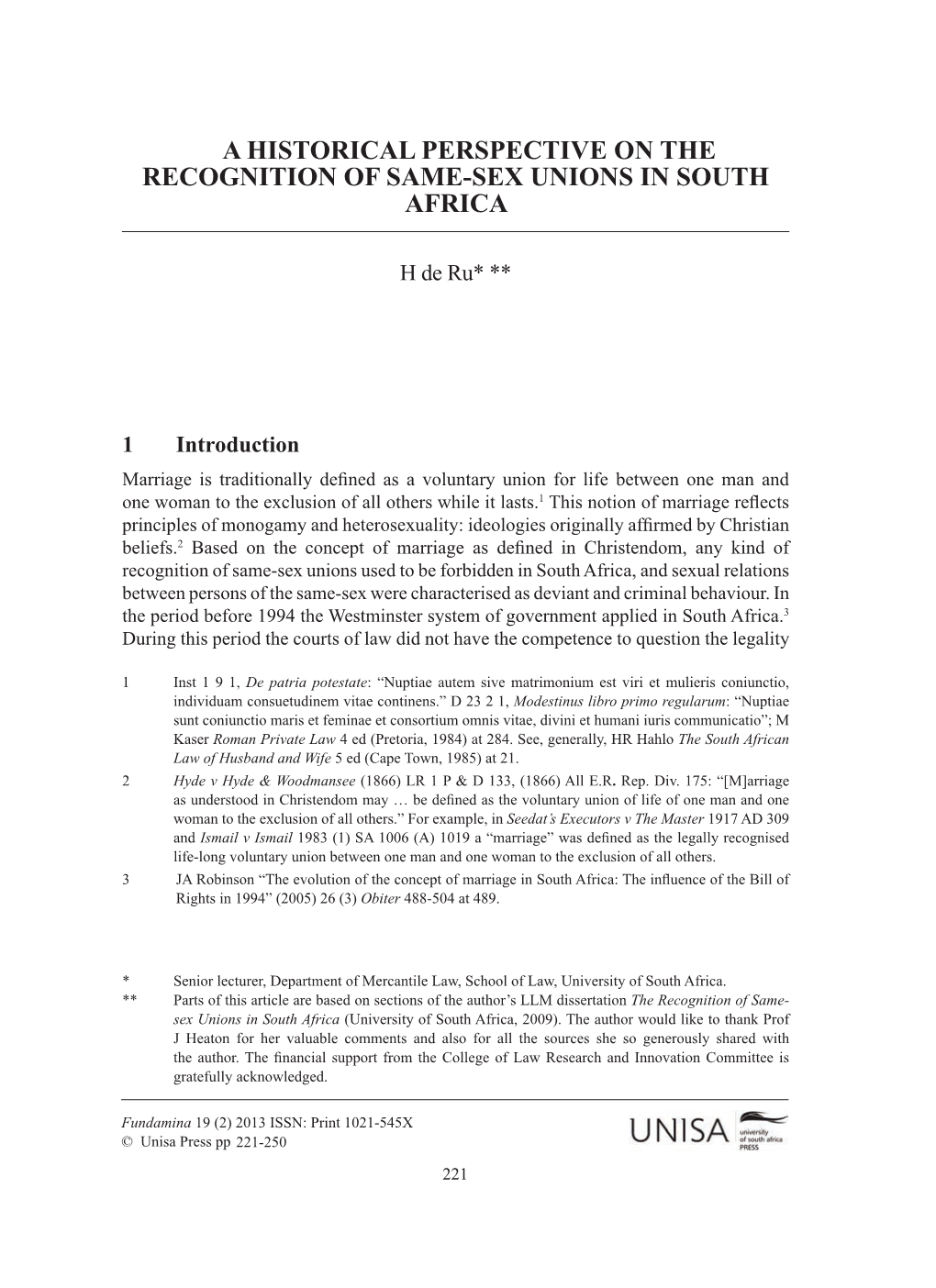 A Historical Perspective on the Recognition of Same-Sex Unions in South Africa