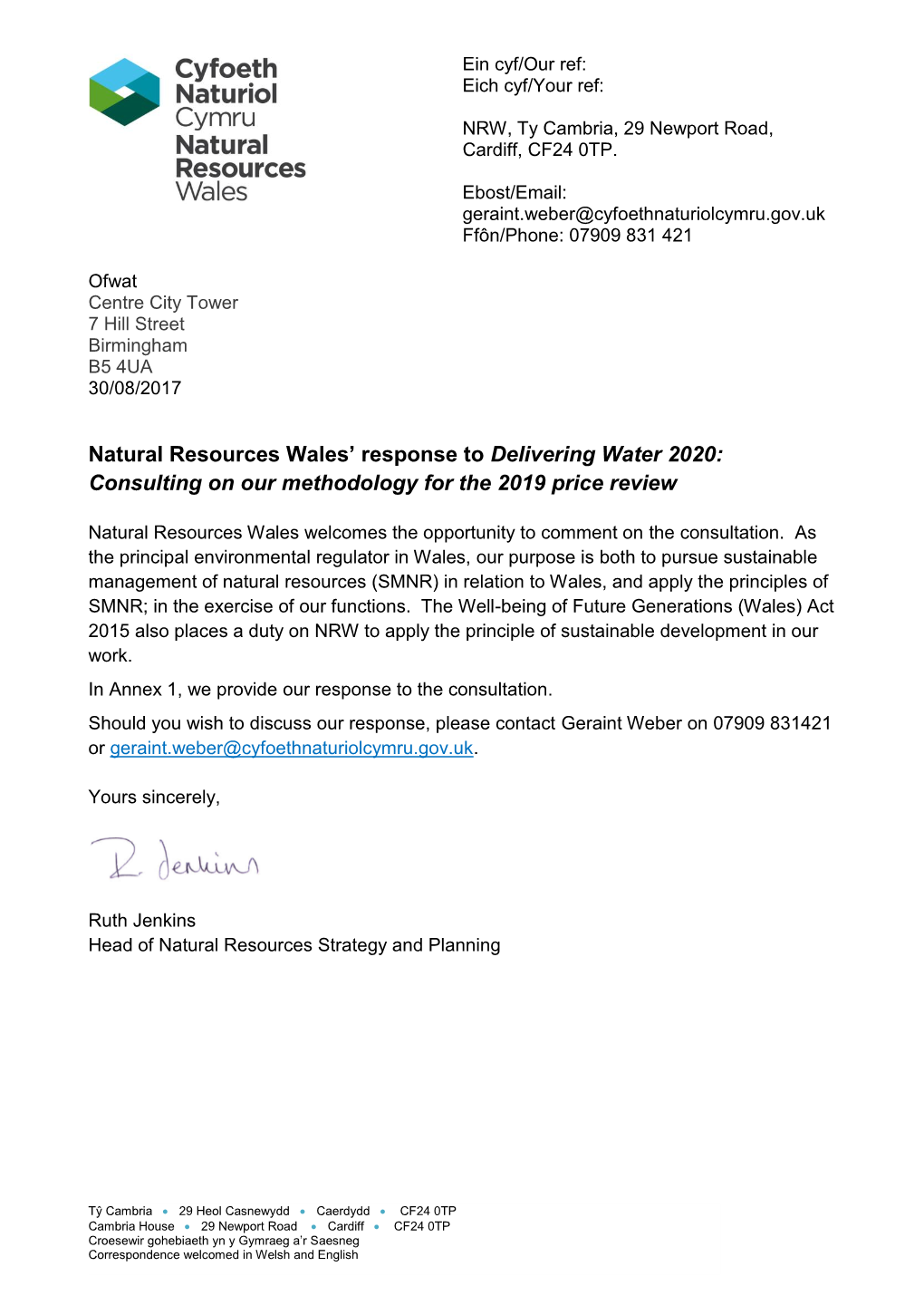 Natural Resources Wales Ofwat PR19 Methodology Consultation Response