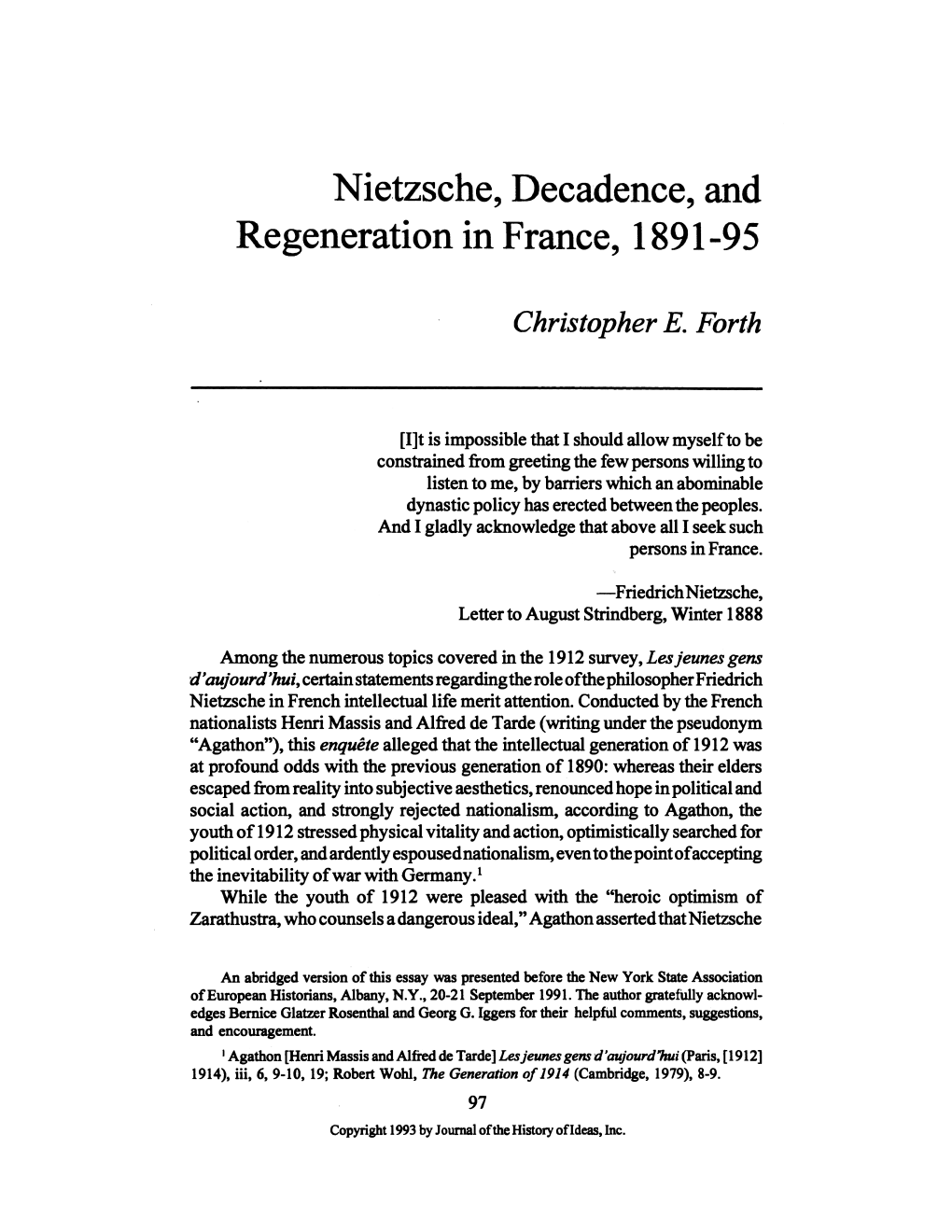 Nietzsche, Decadence, and Regeneration in France, 1891-95 Christopher E