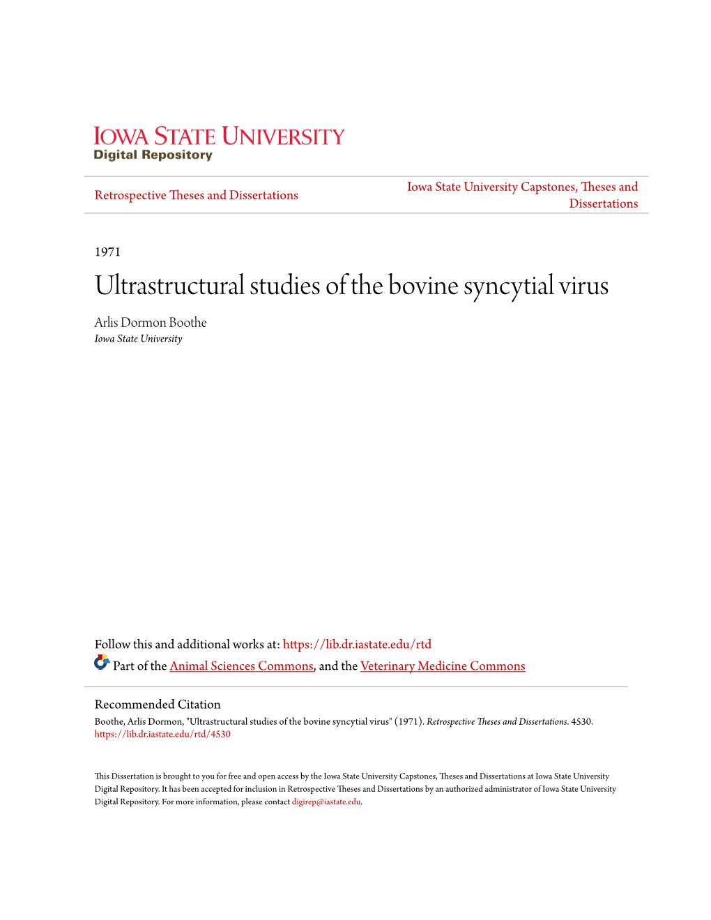 Ultrastructural Studies of the Bovine Syncytial Virus Arlis Dormon Boothe Iowa State University