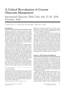 A Critical Reevaluation of Current Glaucoma Management International Glaucoma Think Tank, July 27–29, 2006, Taormina, Sicily