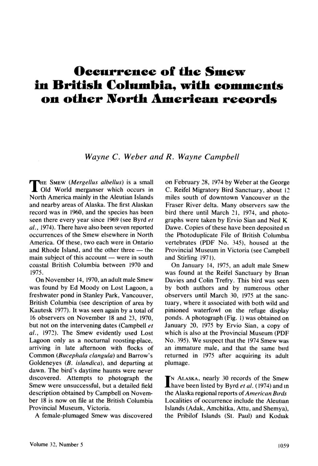 Occurrence of the Smew in British Columbia, with Comments on Other North American Records