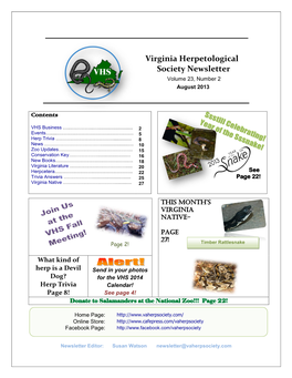 Virginia Herpetological Society Newsletter Volume 23, Number 2 August 2013