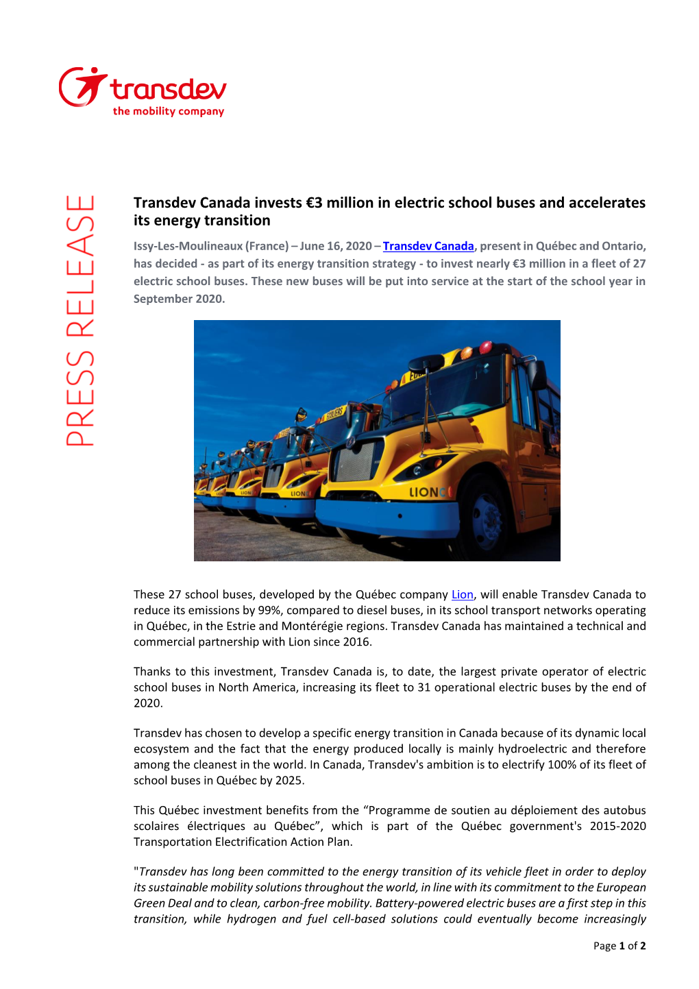 Transdev Canada Invests €3 Million in Electric School Buses And
