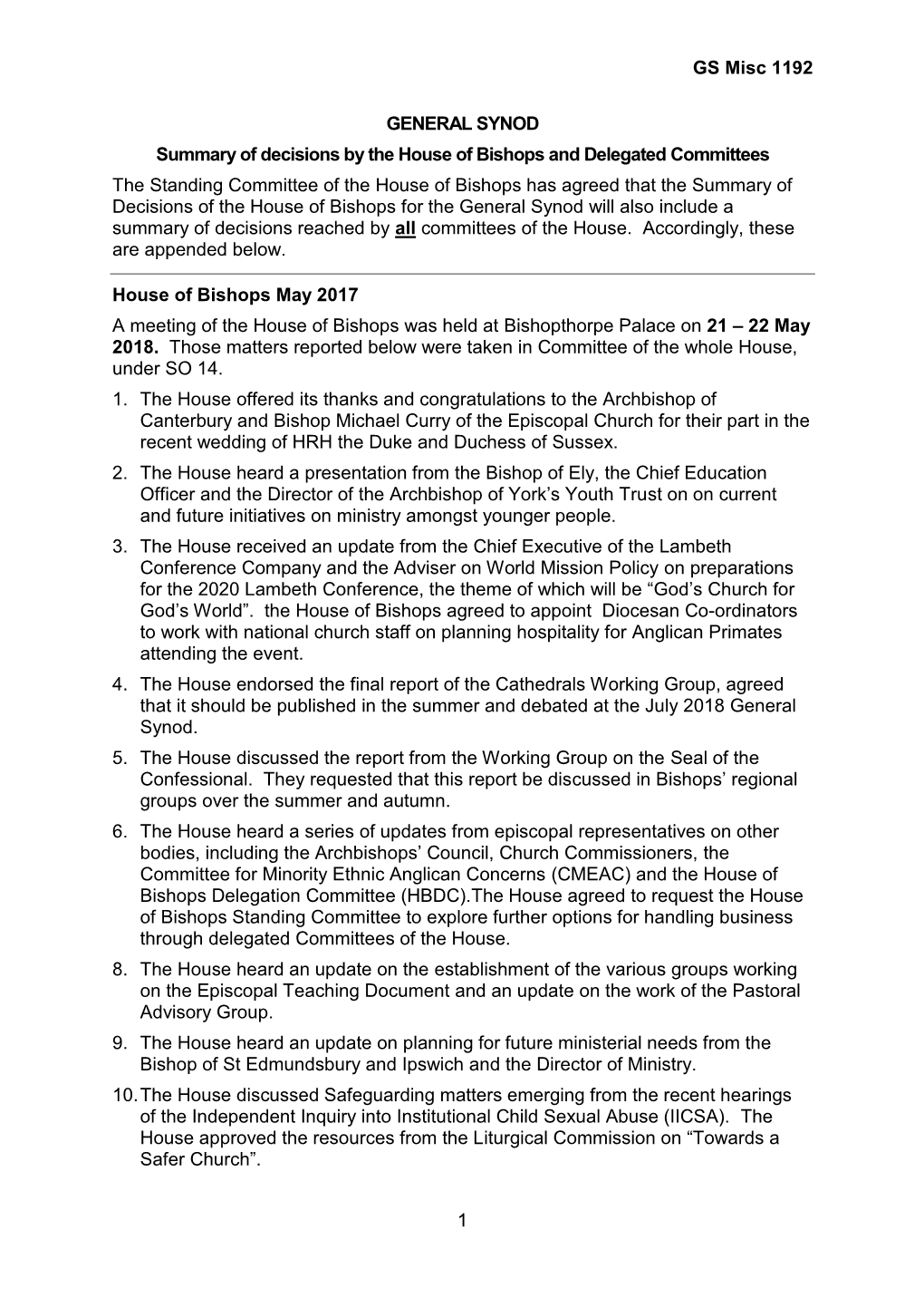 GS Misc 1192 1 GENERAL SYNOD Summary of Decisions by the House of Bishops and Delegated Committees the Standing Committee Of