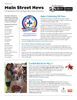 SPRING 2019 Main Street News the Newsletter of the Old Algiers Main Street Corporation
