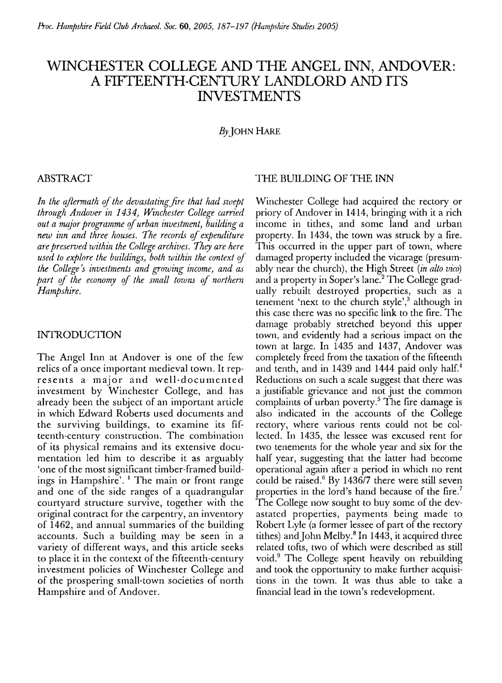 Winchester College and the Angel Inn, Andover: a Ftfteenth-Century Landlord and Its Investments