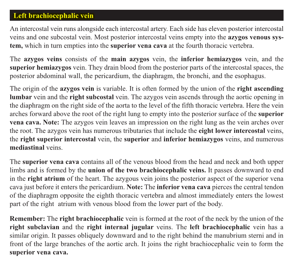 Left Brachiocephalic Vein an Intercostal Vein Runs Alongside Each Intercostal Artery