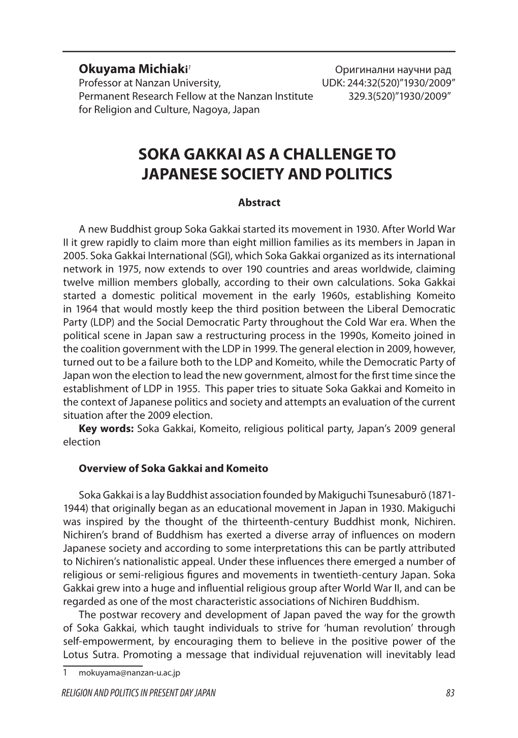 Soka Gakkai As a Challenge to Japanese Society and Politics