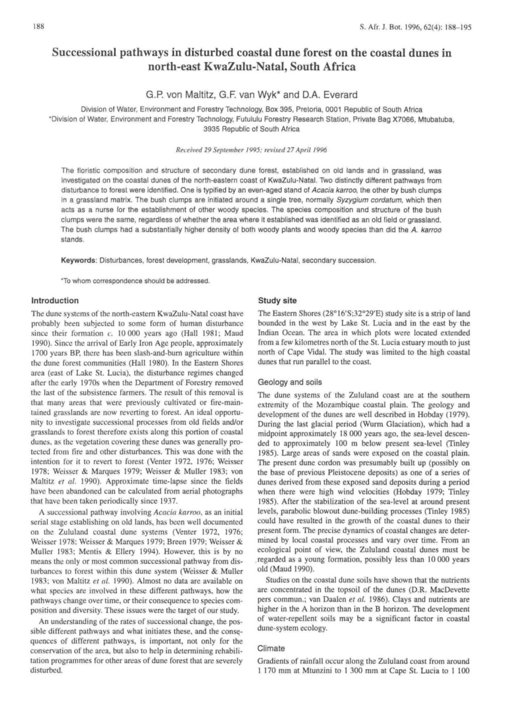 Successional Pathways in Disturbed Coastal Dune Forest on the Coastal Dunes in North-East Kwazulu-Natal, South Africa