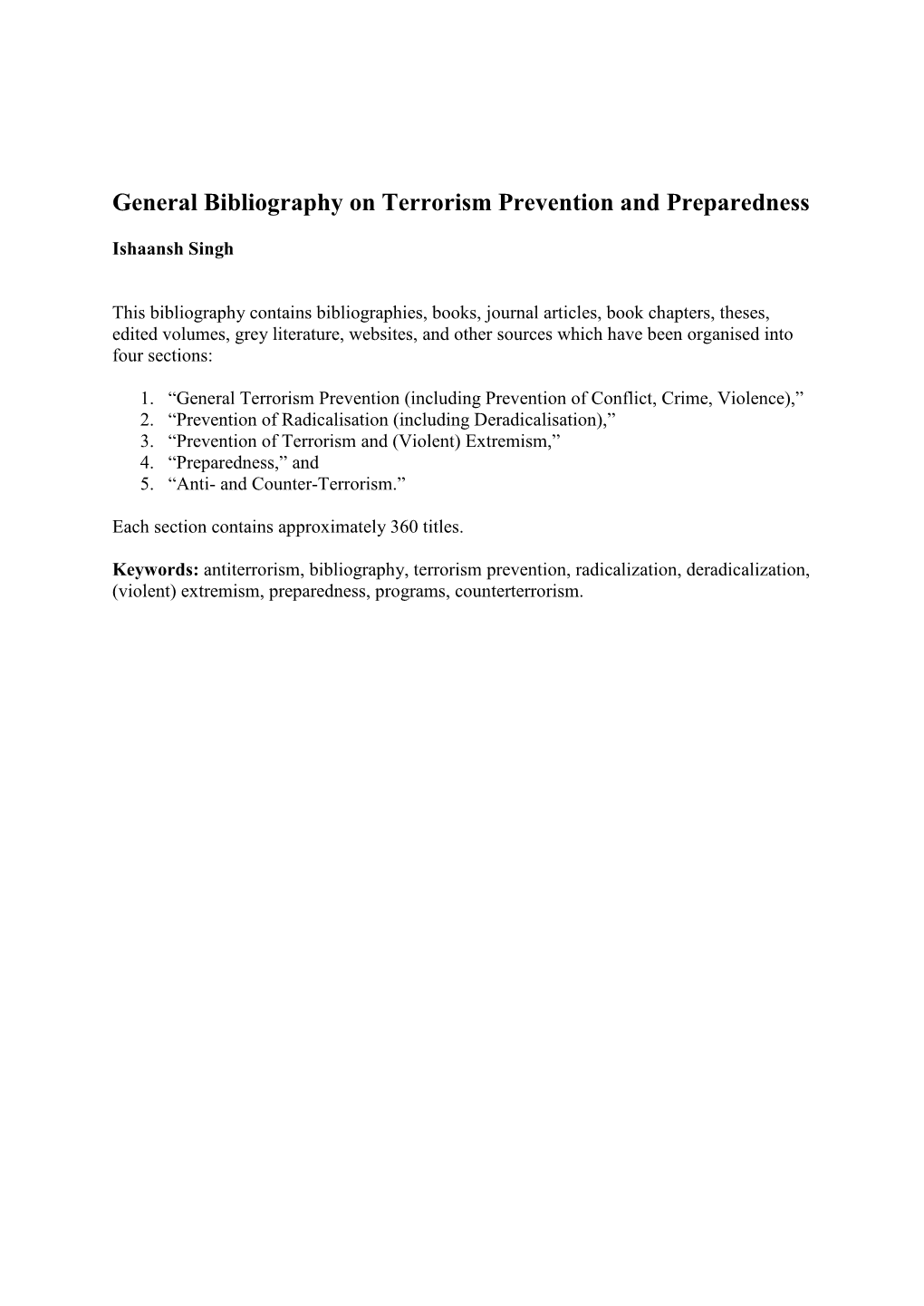 General Bibliography on Terrorism Prevention and Preparedness