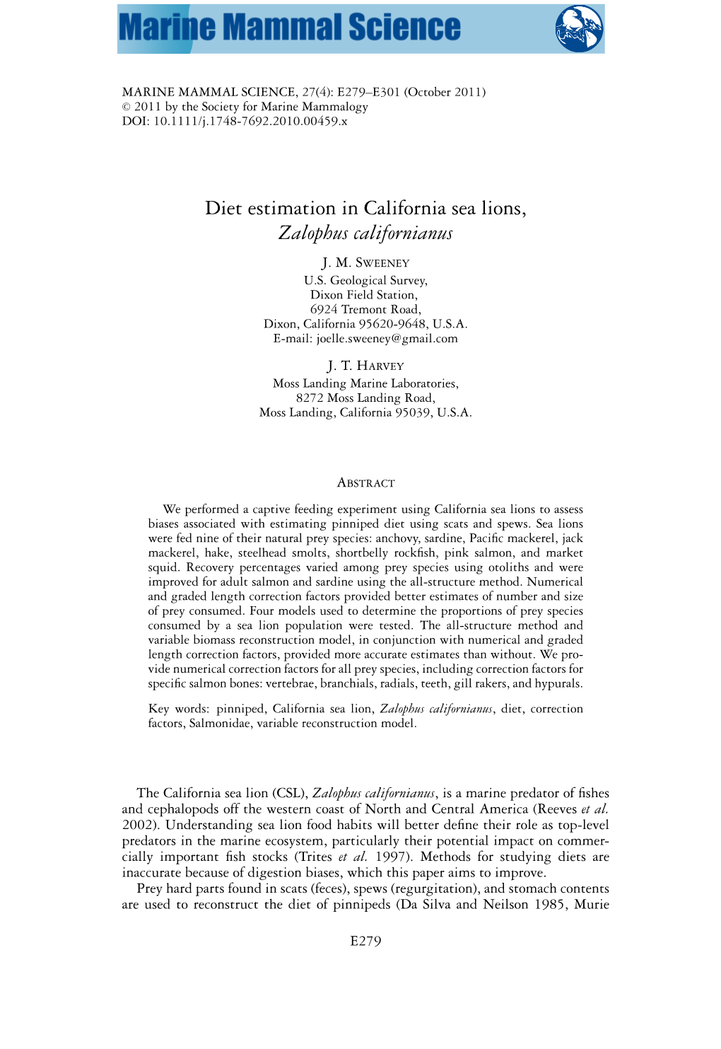 Diet Estimation in California Sea Lions, Zalophus Californianus