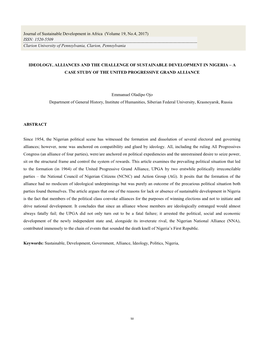 Ideology, Alliances and the Challenge of Sustainable Development in Nigeria – a Case Study of the United Progressive Grand Alliance