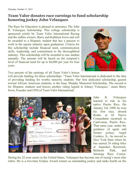 Team Valor Donates Race Earnings to Fund Scholarship Honoring Jockey John Velazquez