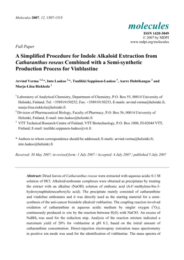 A Simplified Procedure for Indole Alkaloid Extraction from Catharanthus Roseus Combined with a Semi-Synthetic Production Process for Vinblastine