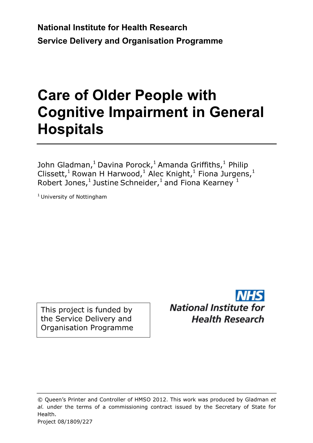 Care of Older People with Cognitive Impairment in General Hospitals