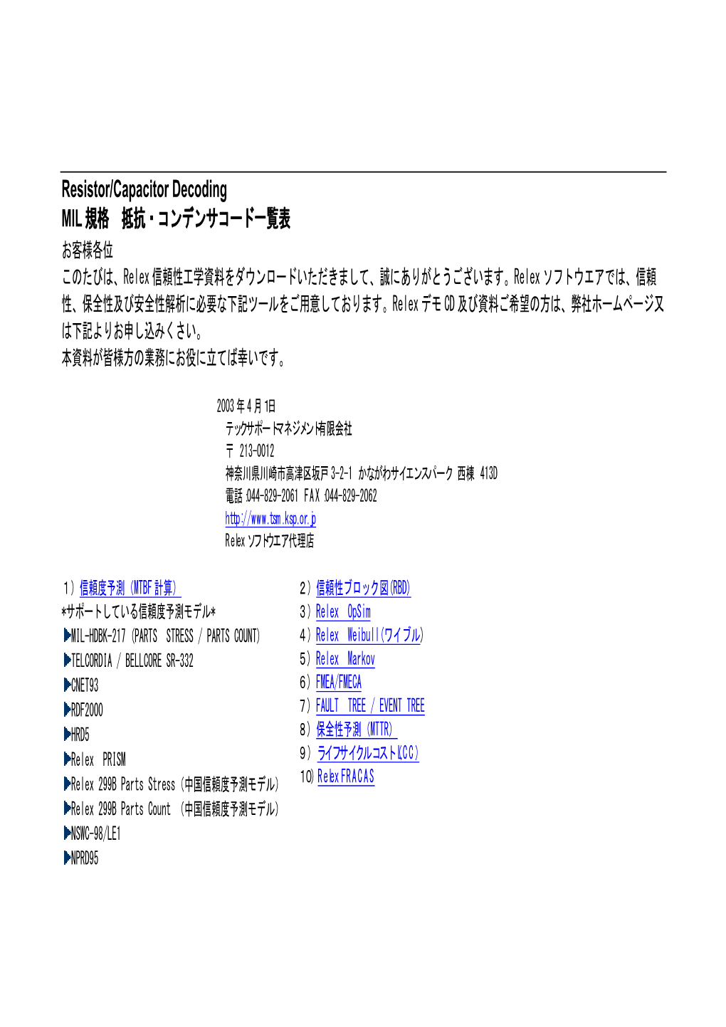 Resistor/Capacitor Decoding MIL 規格 抵抗・コンデンサコード一覧表