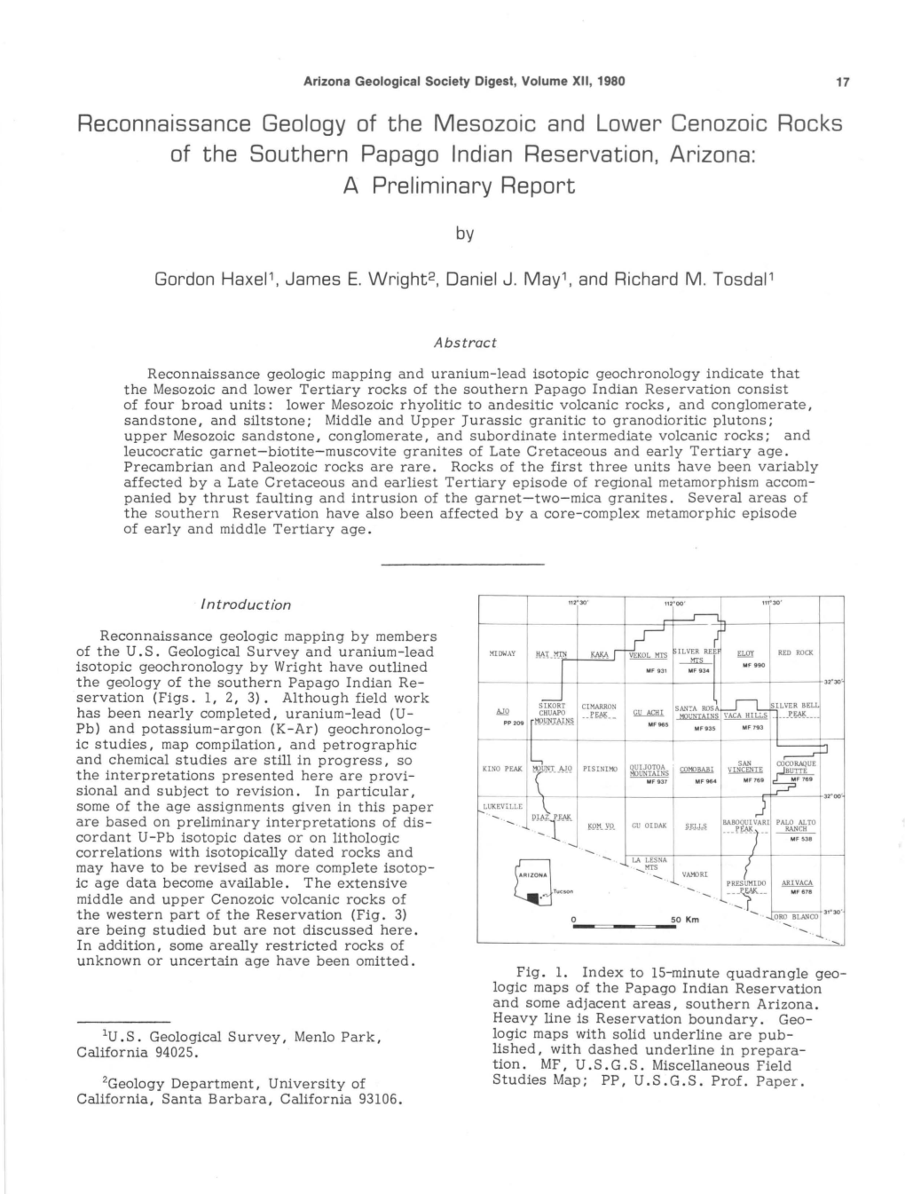 Reconnaissance Geology of the Mesozoic and Lower Cenozoic Rocks of the Southern Papago Indian Reservation, Arizona: a Preliminary Report