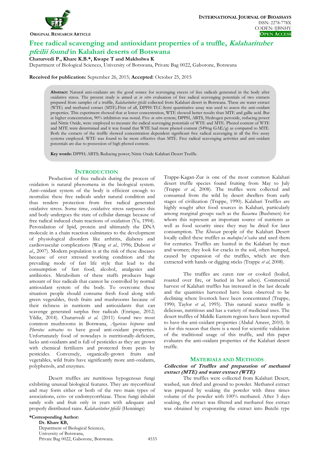 Free Radical Scavenging and Antioxidant Properties of a Truffle