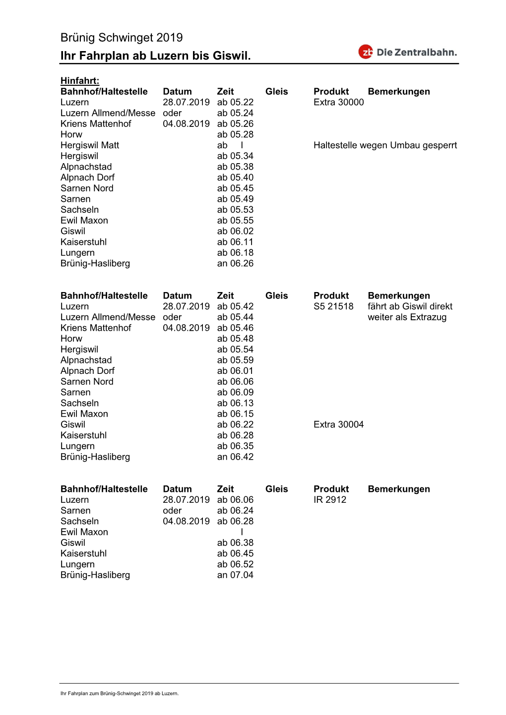 Brünig Schwinget 2019 Ihr Fahrplan Ab Luzern Bis Giswil