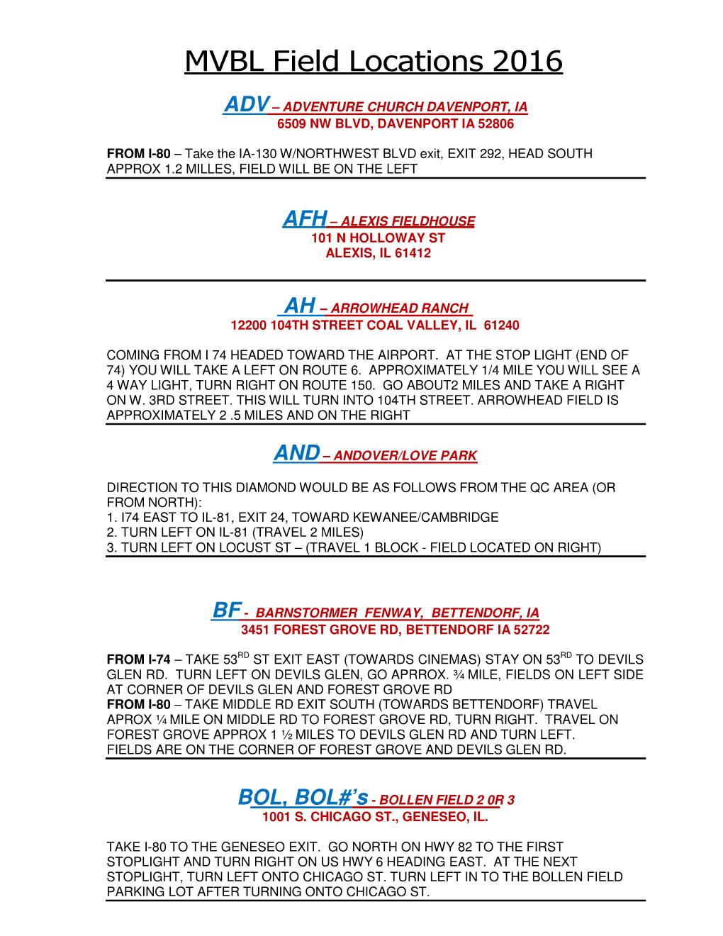 MVBL Field Locations 2016