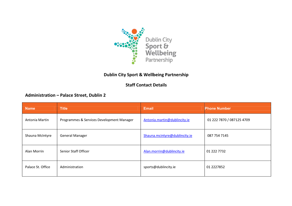 Dublin City Sport & Wellbeing Partnership Staff Contact Details