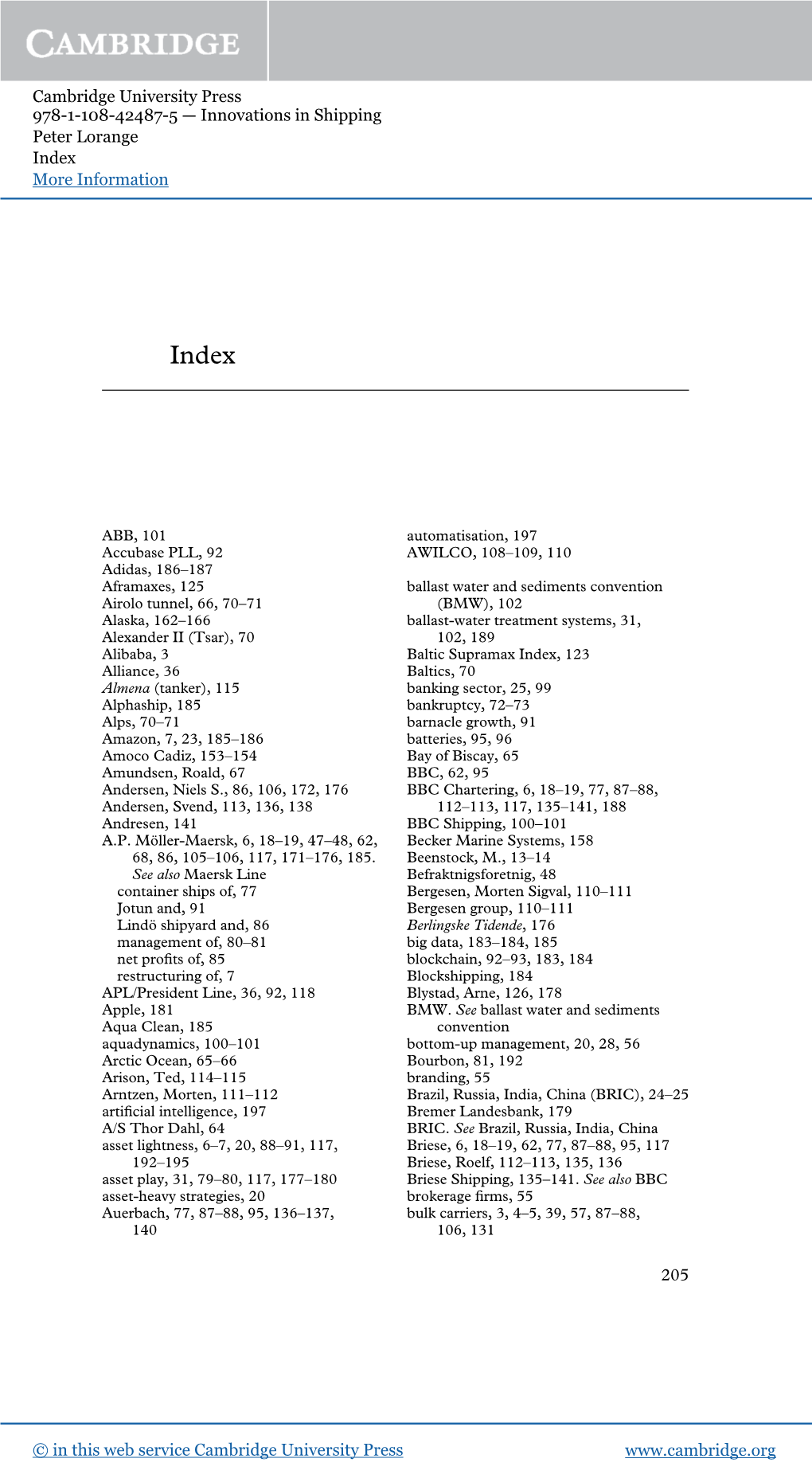 Cambridge University Press 978-1-108-42487-5 — Innovations in Shipping Peter Lorange Index More Information