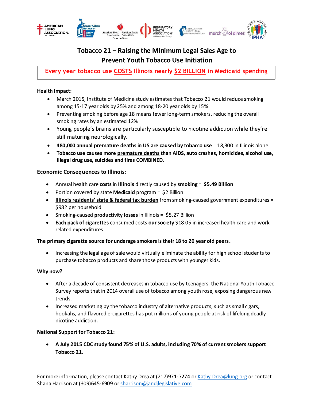 Tobacco 21 – Raising the Minimum Legal Sales Age to Prevent Youth Tobacco Use Initiation Every Year Tobacco Use COSTS Illinois Nearly $2 BILLION in Medicaid Spending