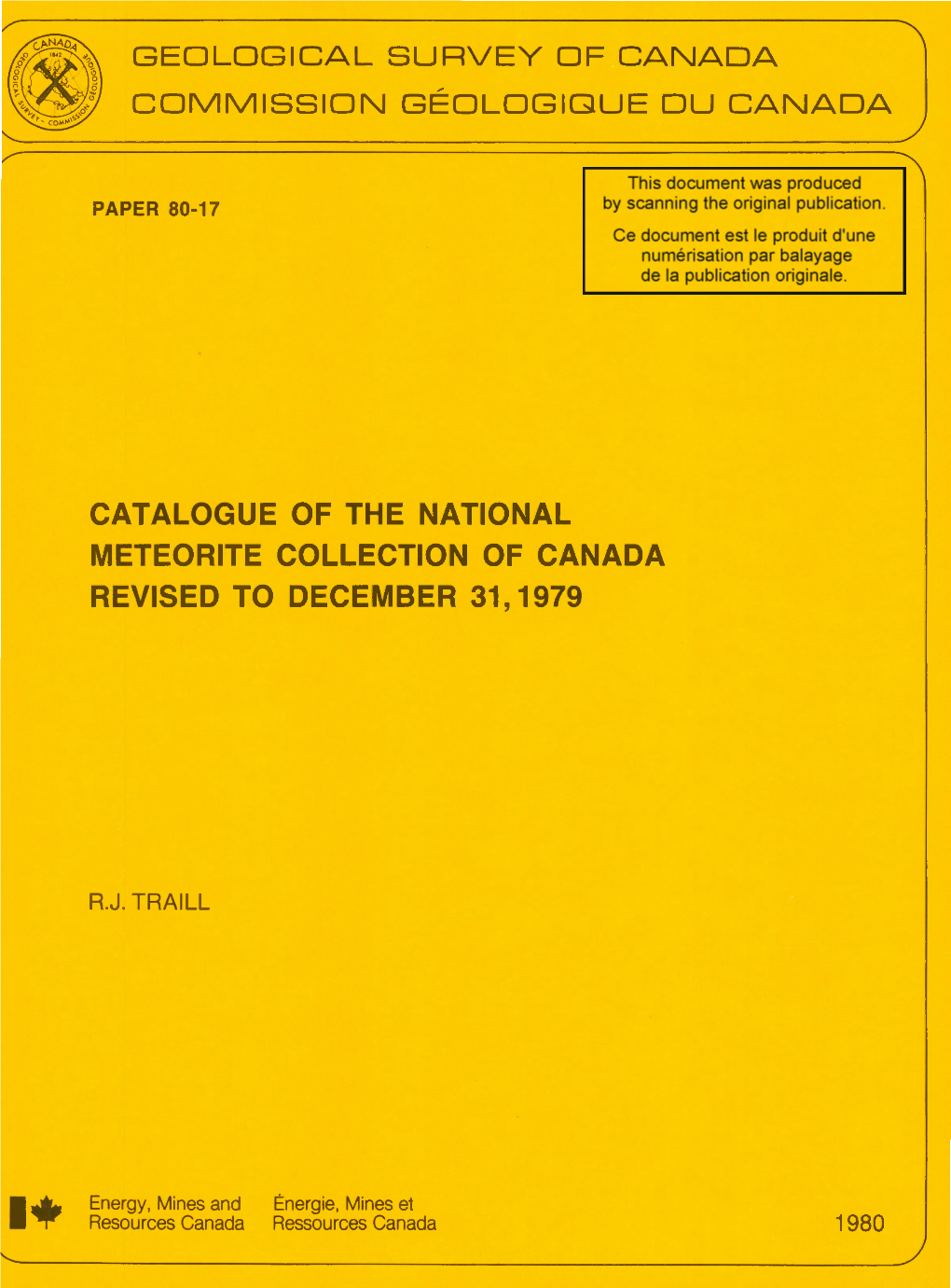 Catalogue of the National Meteorite Collection of Canada Revised to December 31, 1979