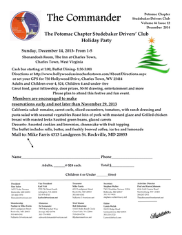 The Commander Studebaker Drivers Club Volume 46 Issue 12 December 2014 the Potomac Chapter Studebaker Drivers’ Club Holiday Party