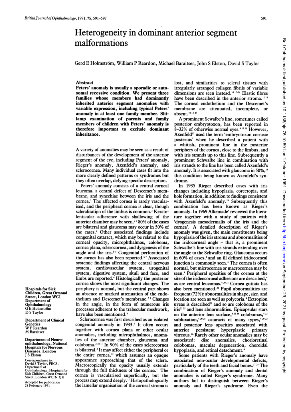 Heterogeneity in Dominant Anterior Segment Malformations Br J Ophthalmol: First Published As 10.1136/Bjo.75.10.591 on 1 October 1991