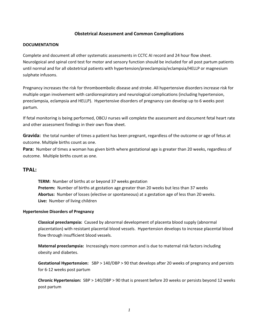 Obstetrical Assessment and Common Complications