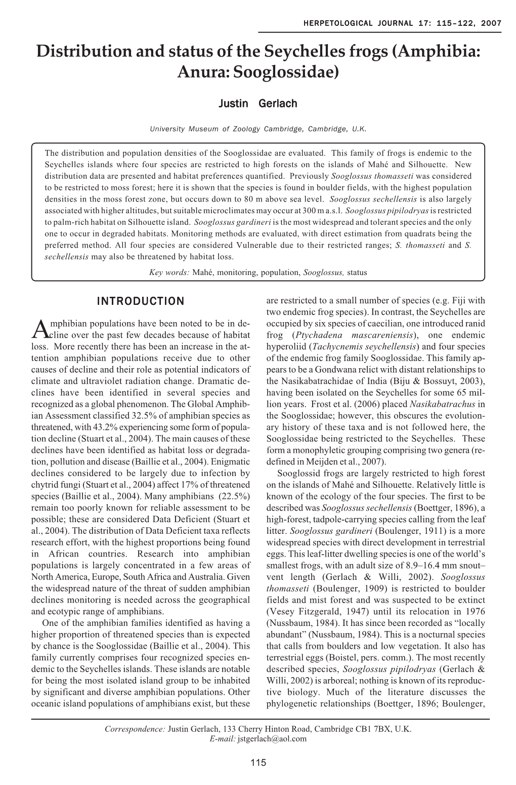 Distribution and Status of the Seychelles Frogs (Amphibia: Anura: Sooglossidae)