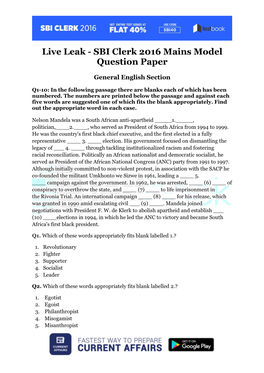 Live Leak - SBI Clerk 2016 Mains Model Question Paper