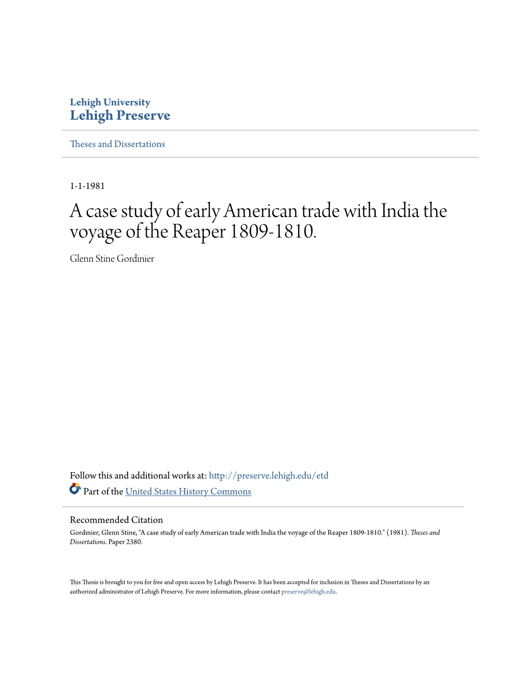A Case Study of Early American Trade with India the Voyage of the Reaper 1809-1810