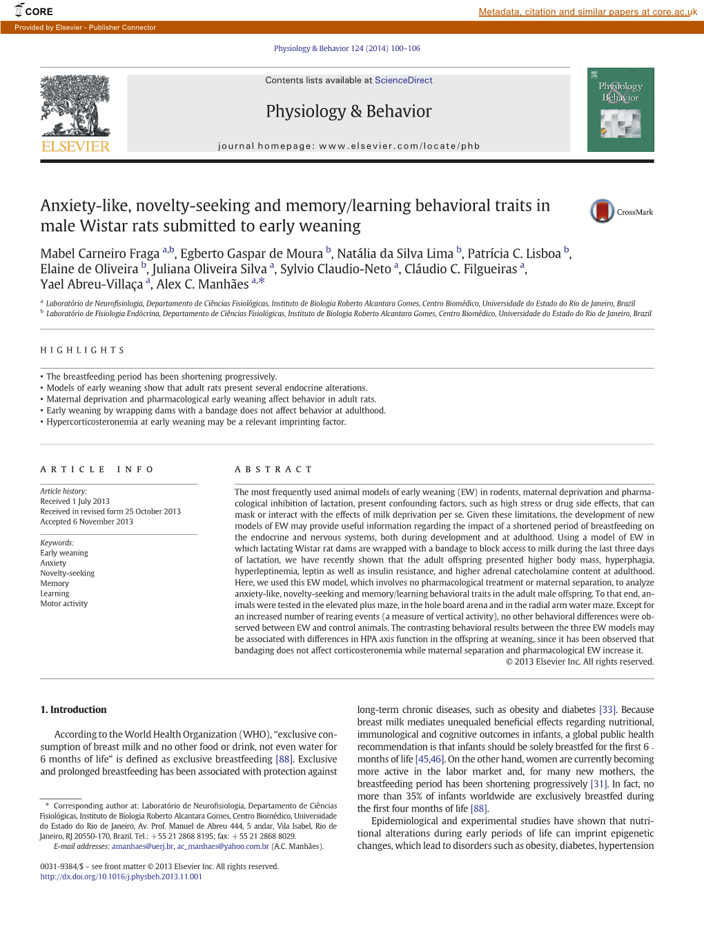 Anxiety-Like, Novelty-Seeking and Memory/Learning Behavioral Traits in Male Wistar Rats Submitted to Early Weaning